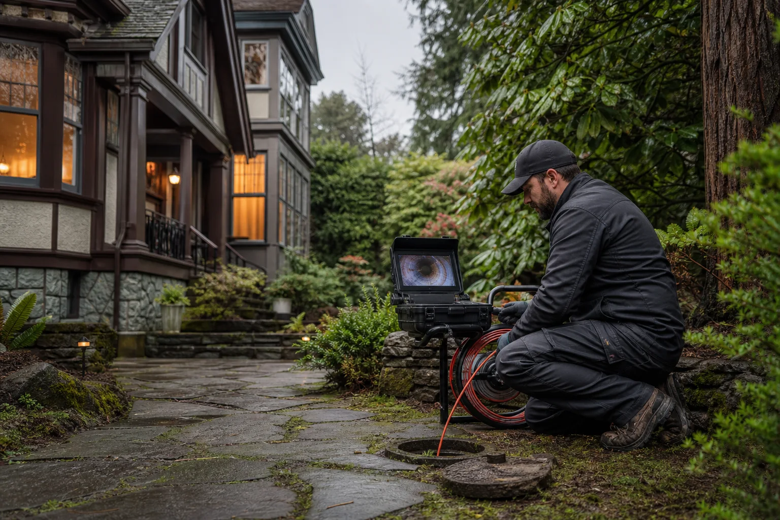 Illustrative sewer camera equipment beside landscaped grounds